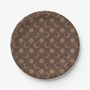 Brown vintage moon ornamental pattern paper plate