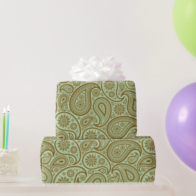 Brown Vintage Paisley Custom Green Background Wrapping Paper (Party Gifts)