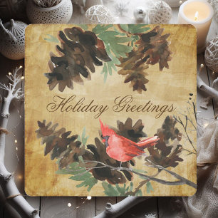 Brown w. Red Cardinal Pine Cones Holiday Card