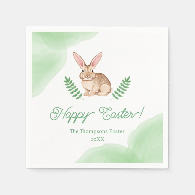 Brown Watercolor Bunny And Greenery Happy Easter Napkin (Front)