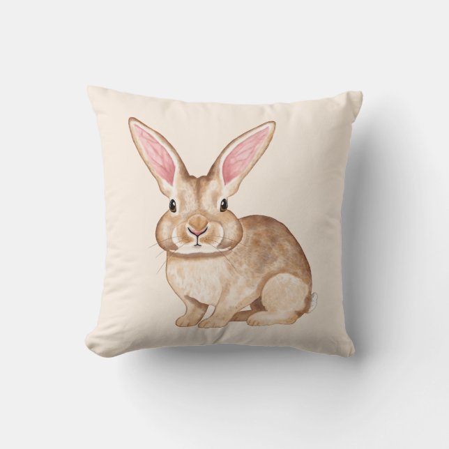 Brown Watercolor Bunny With Big Ears On Beige Cushion (Front)