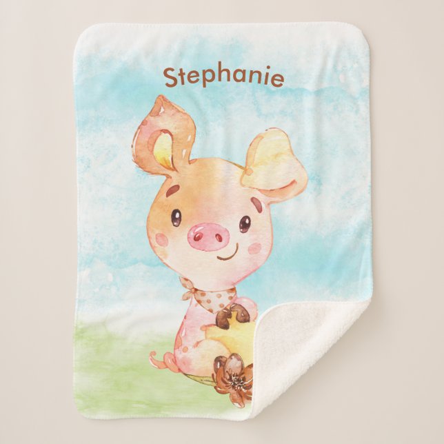 Brown Watercolor Little Piggy Sherpa Blanket (Front)