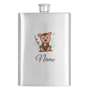brown watercolor monkey animal add name text hip flask