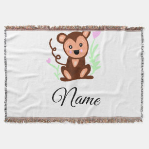 brown watercolor monkey animal add name text throw blanket