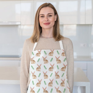 Brown Watercolor Rabbit And Greenery Cute Pattern Apron