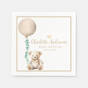 Brown Watercolor Teddy Bear Balloon Baby Shower Napkin