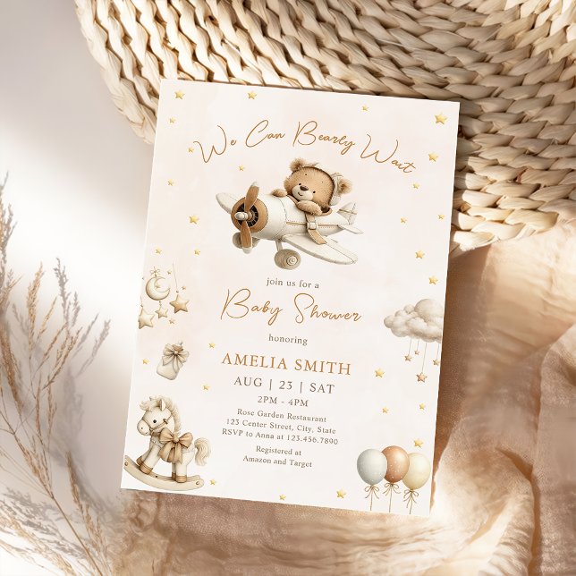 Brown We Can Bearly Wait Teddy Bear Plane Invitation (Creator Uploaded)