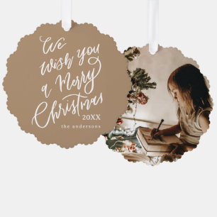 Brown We Wish You Merry Christmas Lettering Photo Tree Decoration Card
