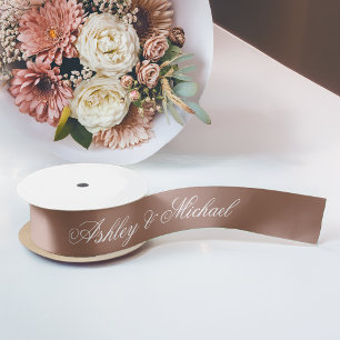 Brown Wedding Elegant Calligraphy Simple Script Satin Ribbon