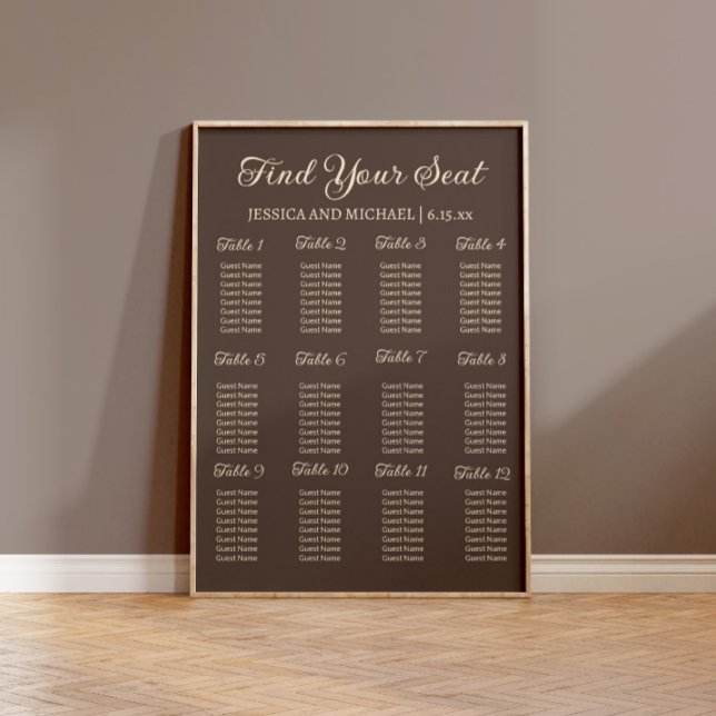 Brown Wedding Reception Seating Chart (Elegant brown wedding seating chart)