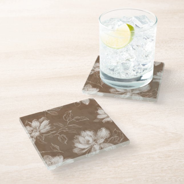 Brown White Abstract Flowers Glass Coaster (Angled)