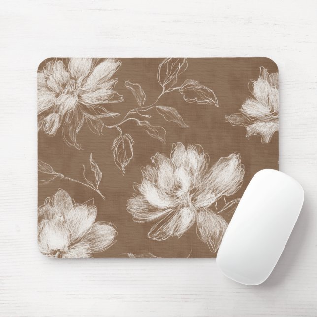Brown White Abstract Flowers Mouse Pad (With Mouse)