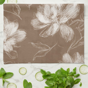 Brown White Abstract Flowers Tea Towel