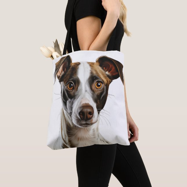 BROWN & WHITE BEAUTIFUL GREYHOUND DOG TOTE BAG (Close Up)