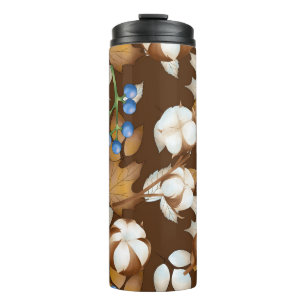 BROWN WHITE BLUE FALL AUTUMN FLOWERS & LEAVES THERMAL TUMBLER