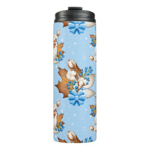 BROWN WHITE BLUE FALL AUTUMN PUMPKINS & LEAVES THERMAL TUMBLER