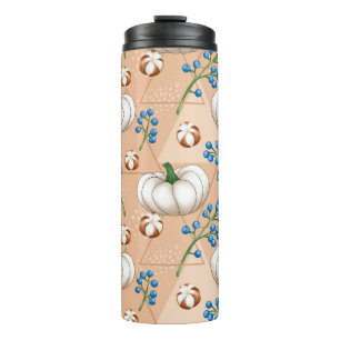 BROWN WHITE BLUE FALL AUTUMN PUMPKINS & LEAVES THERMAL TUMBLER