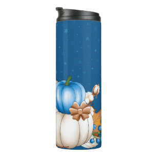 BROWN WHITE BLUE FALL AUTUMN PUMPKINS THERMAL TUMBLER