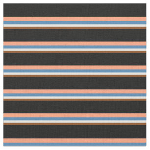 Brown, White, Blue, Light Salmon & Black Stripes Fabric