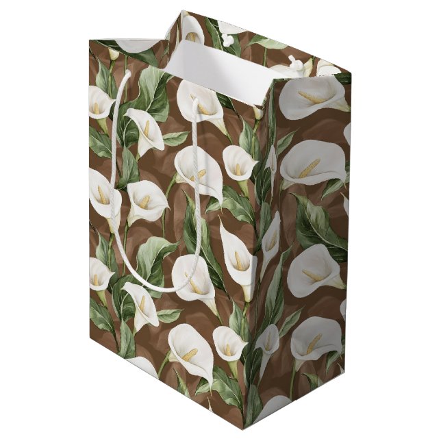 Brown White Calla Lily Floral Bridal Shower Medium Gift Bag (Back Angled)