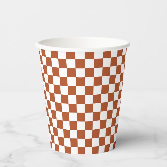 Brown White Chequered Check Pattern Paper Cups (Front)