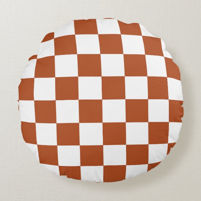 Brown White Chequered Check Pattern Round Cushion (Front)