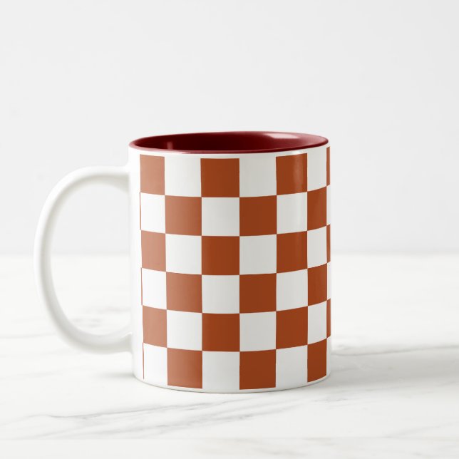 Brown White Chequered Check Pattern Two-Tone Coffee Mug (Left)