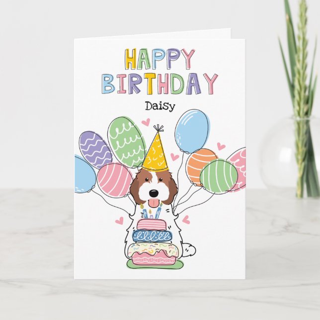 Brown White Cockapoo Cavapoo Dog Happy Birthday Card (Front)