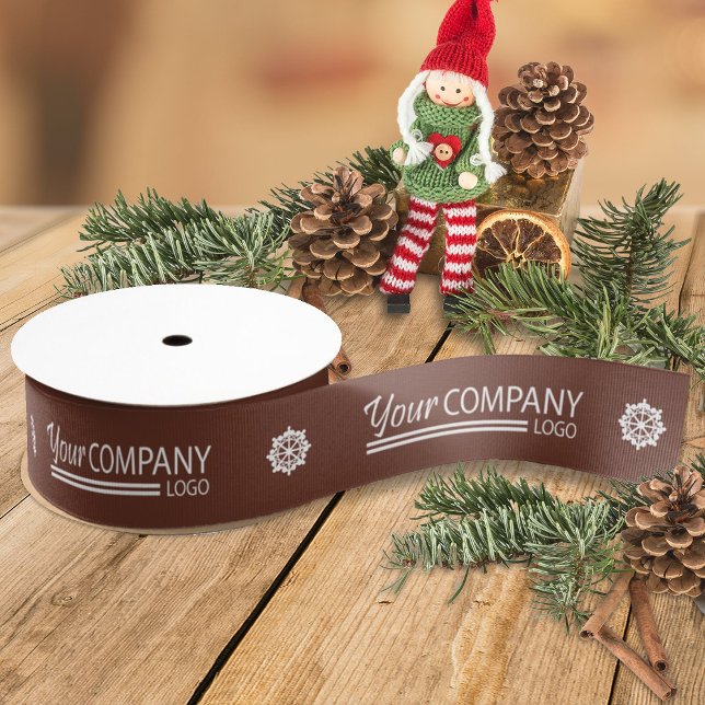 Brown White Company Logo Snowflake Christmas Grosgrain Ribbon (dark brown company logo gift ribbon, personalized promo promotional christmas holiday favor wrapping)
