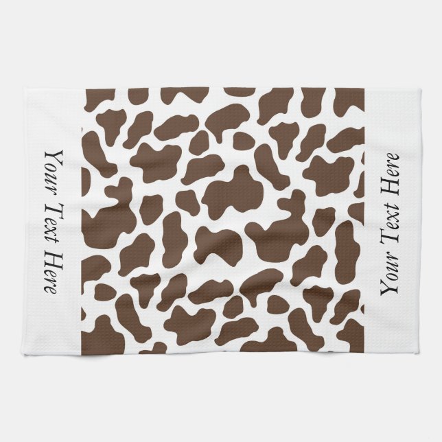 Brown White Cow Pattern Personalised Tea Towel (Horizontal)