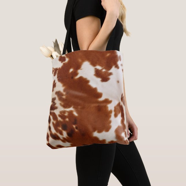Brown White Cowhide Tote Bag (Close Up)
