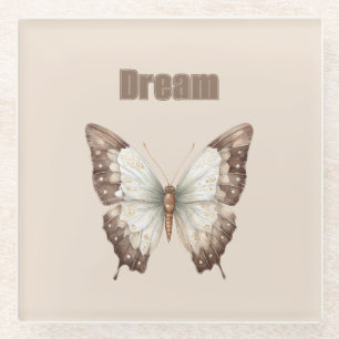 Brown White Dream Butterfly Glass Coaster