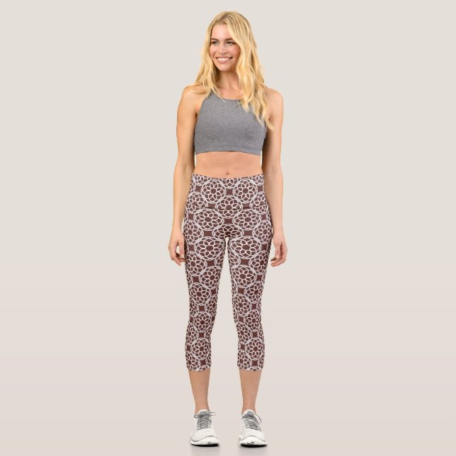 Brown White Geometric Seamless High Waisted Capris (Front)