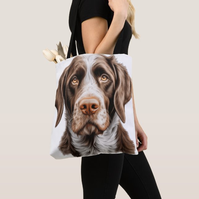 BROWN & WHITE GERMAN WIREHAIRED POINTER DOG TOTE BAG (Close Up)