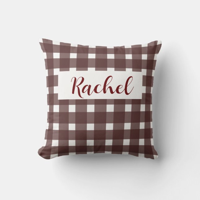 Brown White Gingham Personalised Cushion (Front)