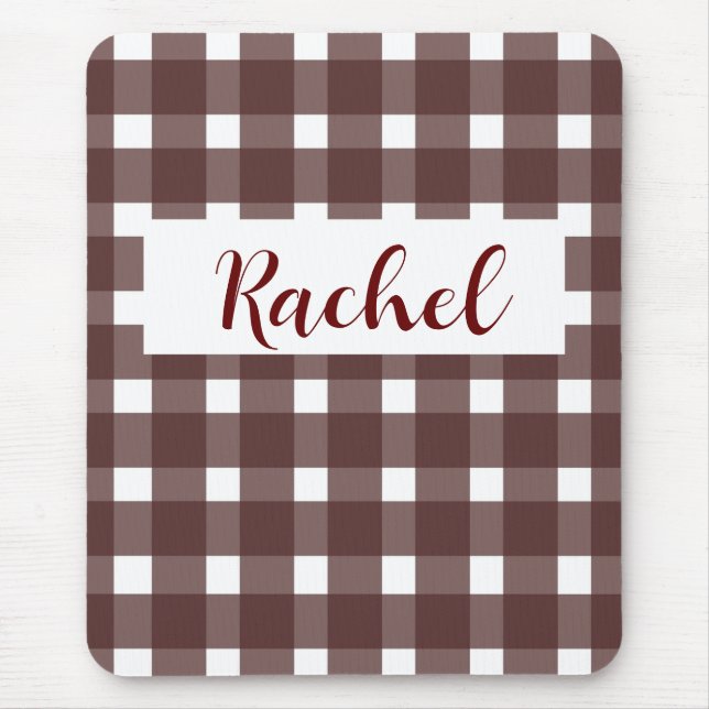 Brown White Gingham Personalised Mouse Pad (Front)