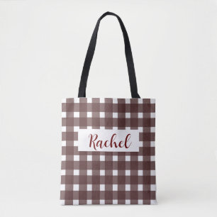 Brown White Gingham Personalised Tote Bag