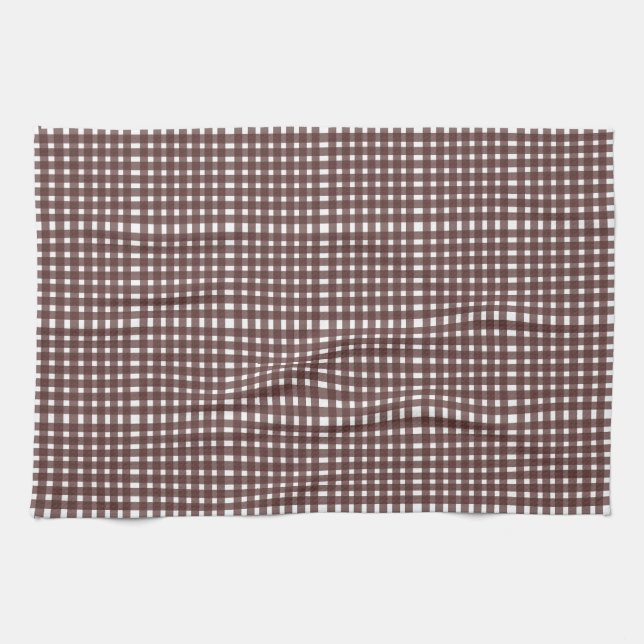 Brown White Gingham Plaid Pattern Tea Towel (Horizontal)