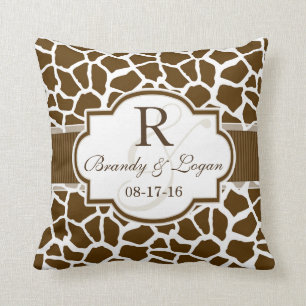 Brown, White Giraffe Animal Print Wedding Cushion