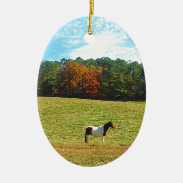 Brown & White horse,autumn trees,blue sky Ceramic Tree Decoration (Front)