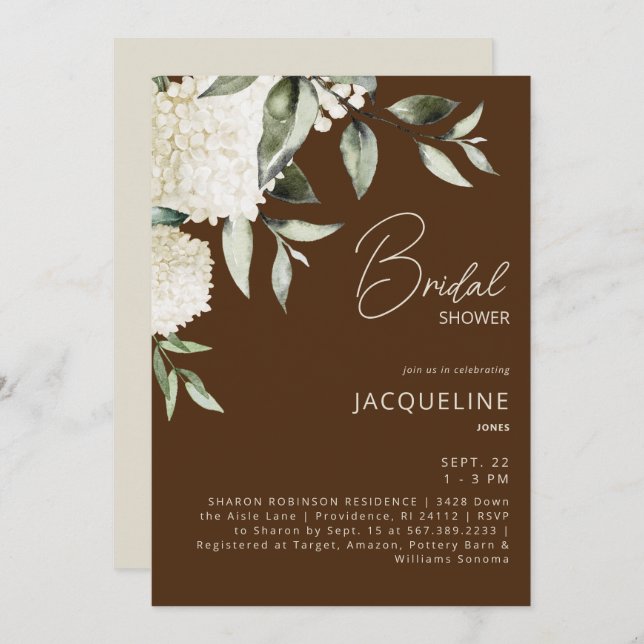  Brown White Hydrangeas Bridal Shower Invitation (Front/Back)