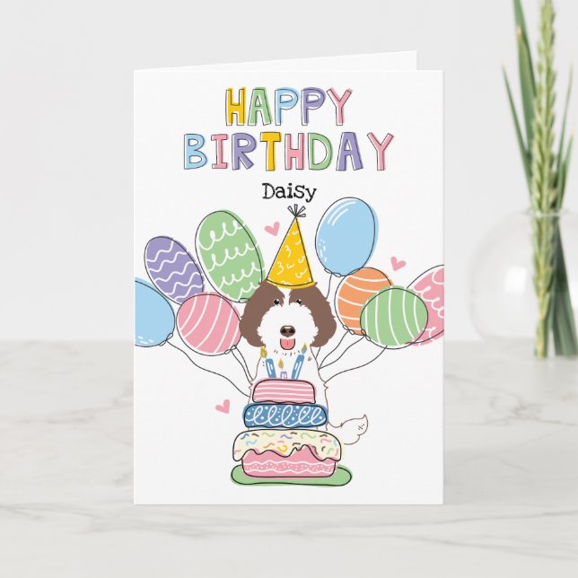 Brown White Labradoodle Dog Happy Birthday Card (Front)