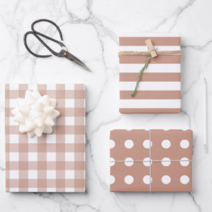 Brown White Matching Patterns Gingham Dots Stripe Wrapping Paper Sheet