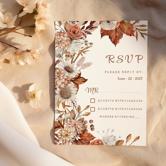 Brown white orange fall floral rustic RSVP Invitation (Brown white orange fall floral rustic RSVP)
