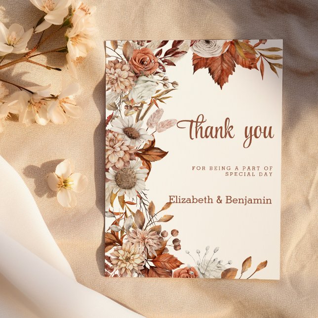 Brown white orange fall floral rustic Thank You Invitation (Brown white orange fall floral rustic Thank You)