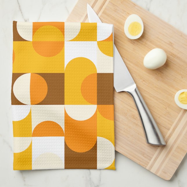 Brown White Orange Yellow Half Circles Pattern Tea Towel (Quarter Fold)