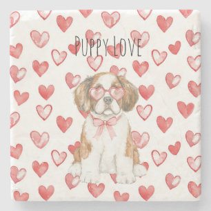 Brown White Saint Bernard Dog Red Heart Glasses Stone Coaster