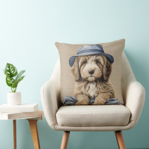 BROWN & WHITE SHAGGY DOG WITH BLUE HAT CUSHION