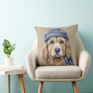 BROWN & WHITE SHAGGY DOG WITH BLUE HAT CUSHION