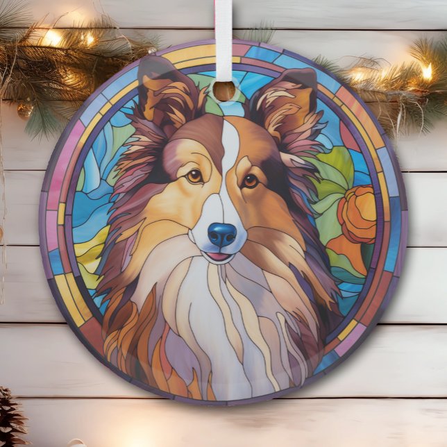 Brown White Shetland Sheepdog Stained Glass Tree Decoration (Creator Uploaded)